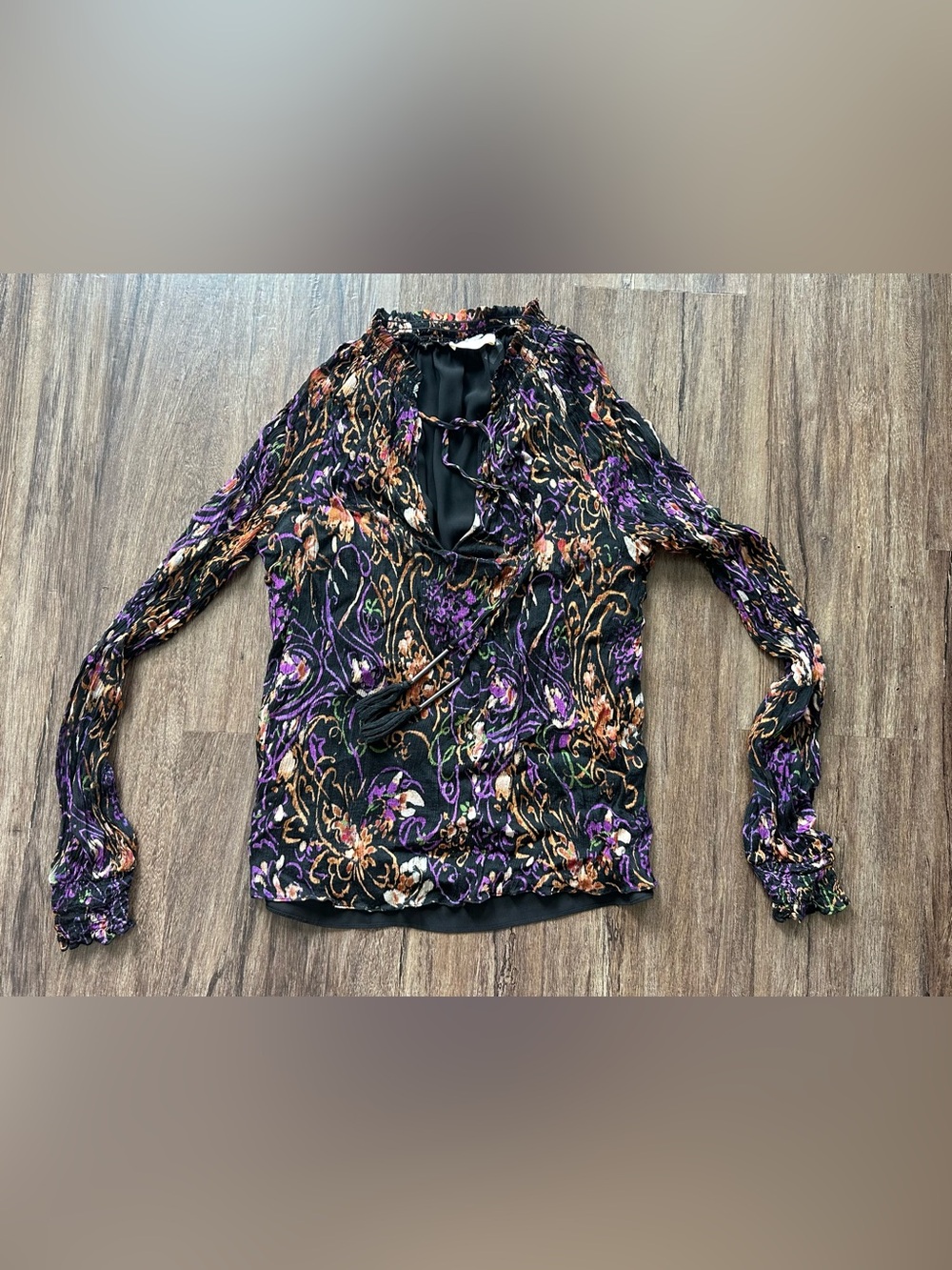 Ramy Brook Long Sleeved Black and Purple Blouse with Sheer Sleeves. Size XS - Picture 5 of 16
